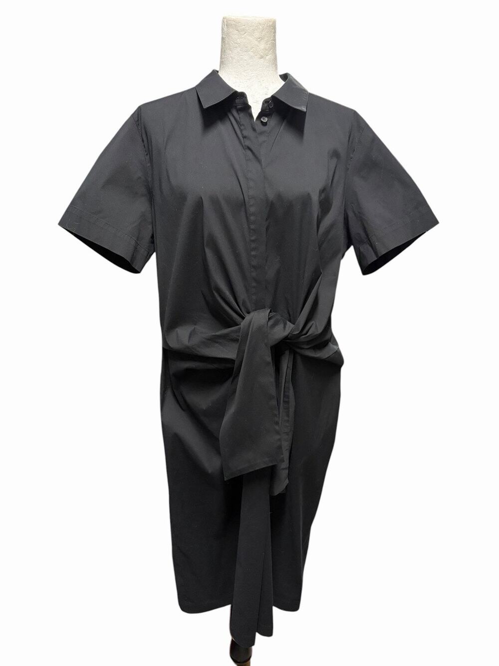 Lafayette 148 Black Tie Front Shirt Dress Cotton Stretch Classic Luxury Size 16